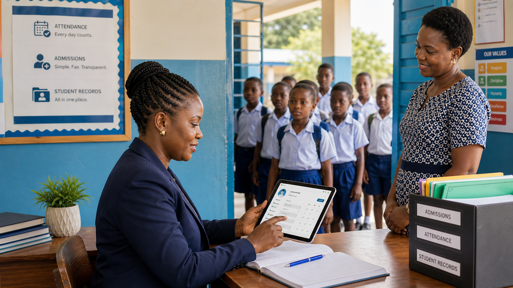 A Ghana basic school administrator taking attendance and managing student records on a tablet